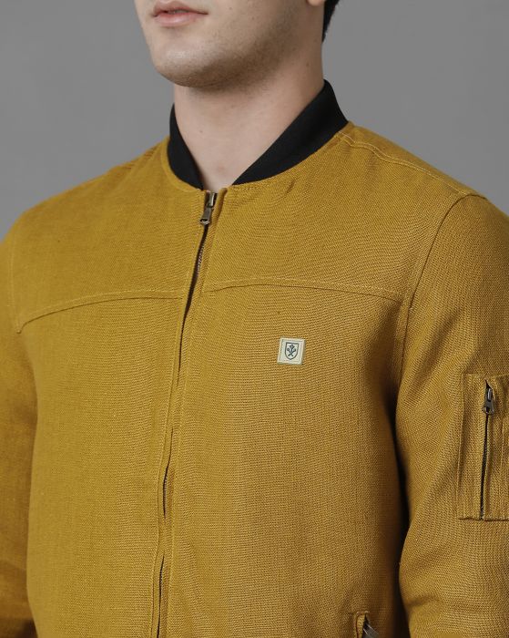 Linen Club Musturd Solid Full Sleeve All Season Linen Jacket for Men