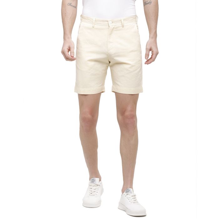 Linen Club Studio Men's Linen Yellow Solid Chambray Slim Fit Shorts