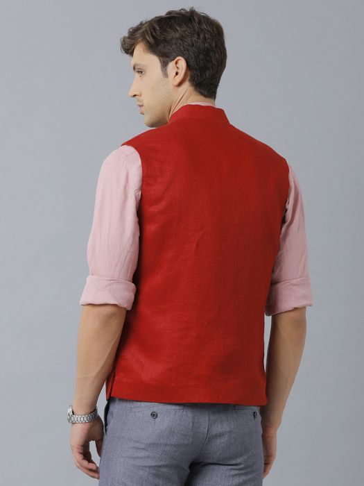 Linen Club Studio Men's Linen Red Solid Nehru Jacket