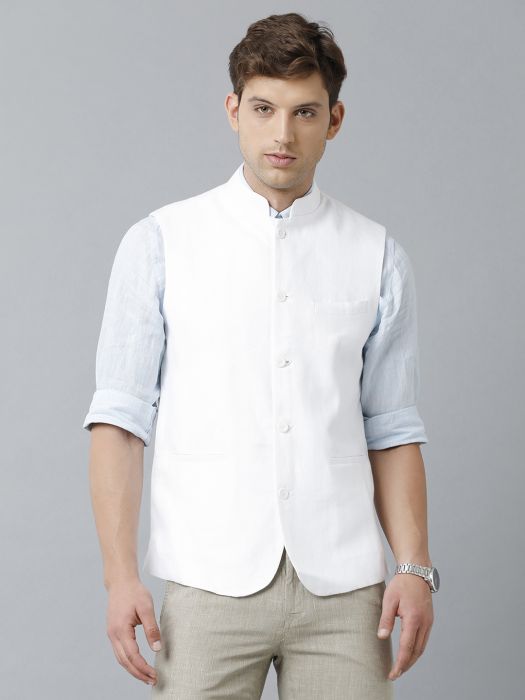 Linen Club Studio Men's Linen White Solid Nehru Jacket