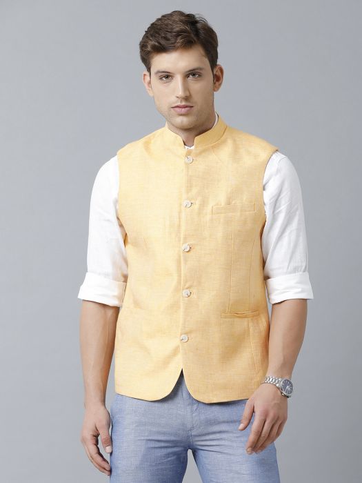 Linen Club Studio Men's Linen Yellow Solid Nehru Jacket