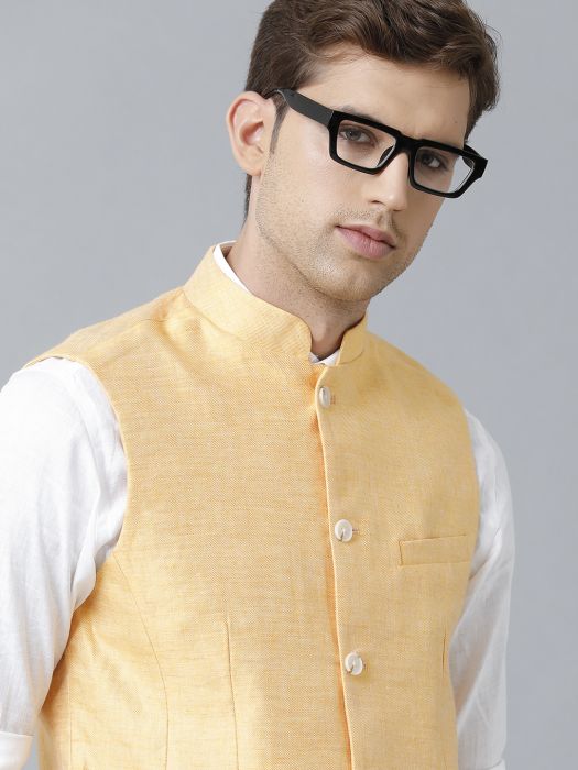 Linen Club Studio Men's Linen Yellow Solid Nehru Jacket