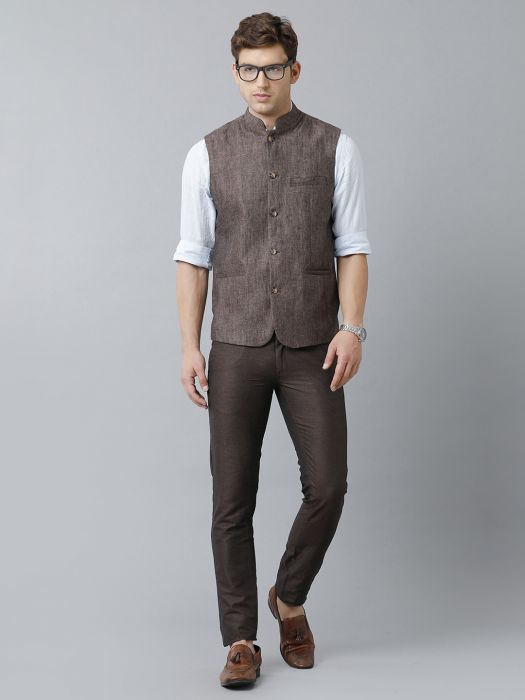 Linen Club Studio Men's Linen Brown Solid Nehru Jacket