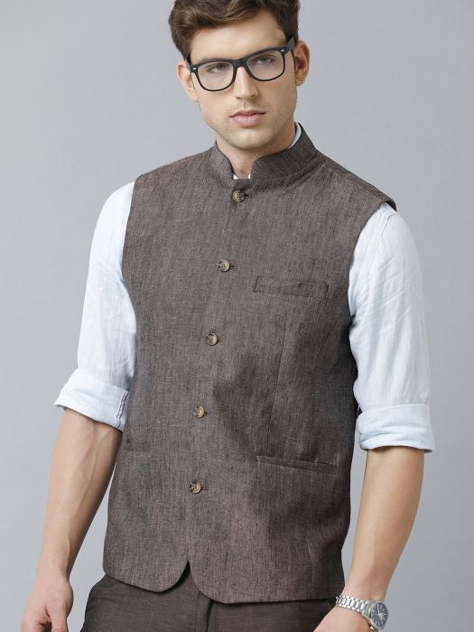 Linen Club Studio Men's Linen Brown Solid Nehru Jacket