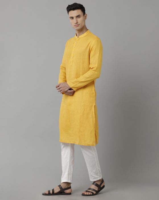 Linen Club Studio Men's Pure Linen Yellow Solid Regular Fit  Kurta