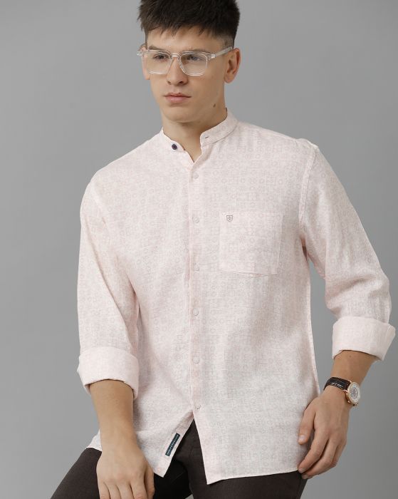 Linen Club Studio Men's Pure Linen Pink Printed Regular Fit Full Sleeve Casual Shirt