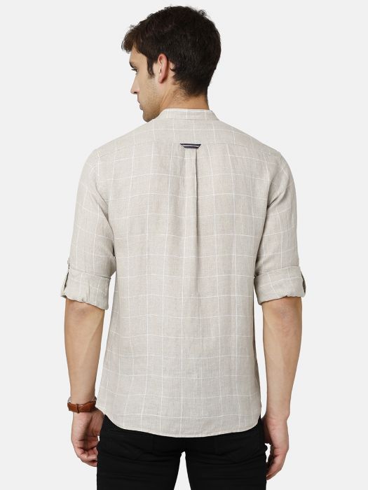Linen Club Studio Men's Pure Linen Beige Checks Regular Fit Full Sleeve Casual Shirt