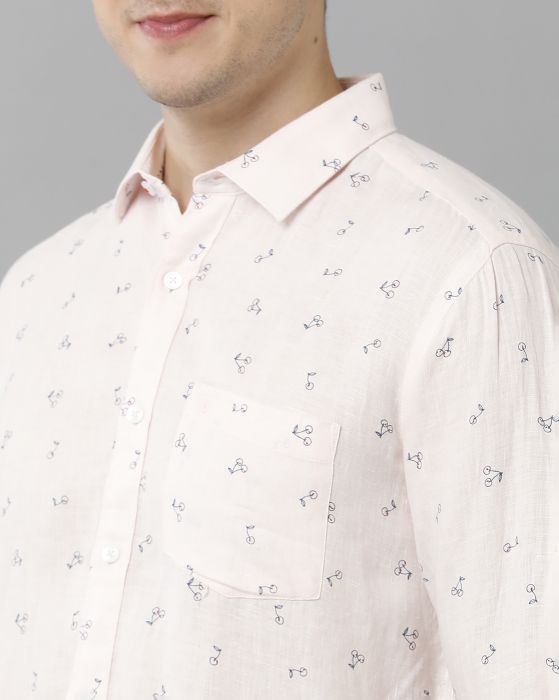 Linen Club Studio Men's Pure Linen Pink Printed Regular Fit Full Sleeve Casual Shirt