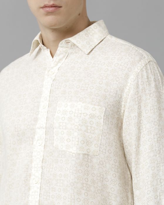 Linen Club Studio Men's Pure Linen Beige Printed Regular Fit Full Sleeve Casual Shirt