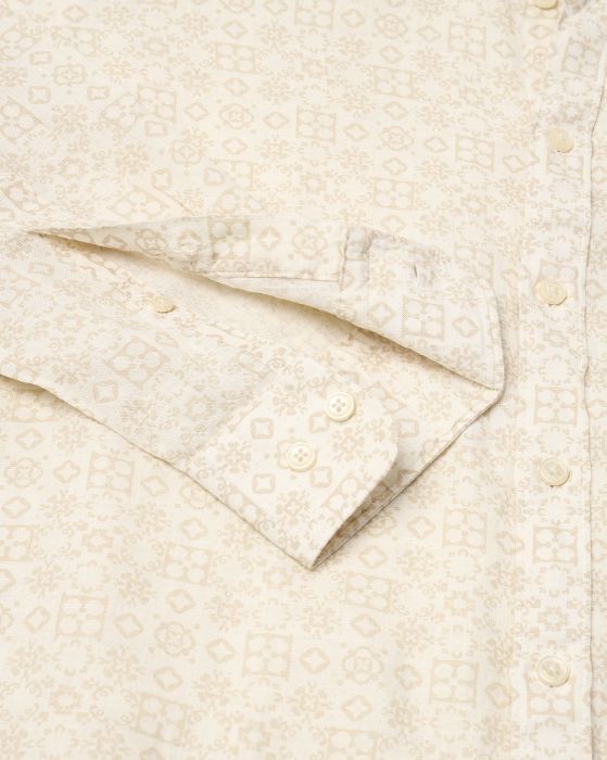 Linen Club Studio Men's Pure Linen Beige Printed Regular Fit Full Sleeve Casual Shirt