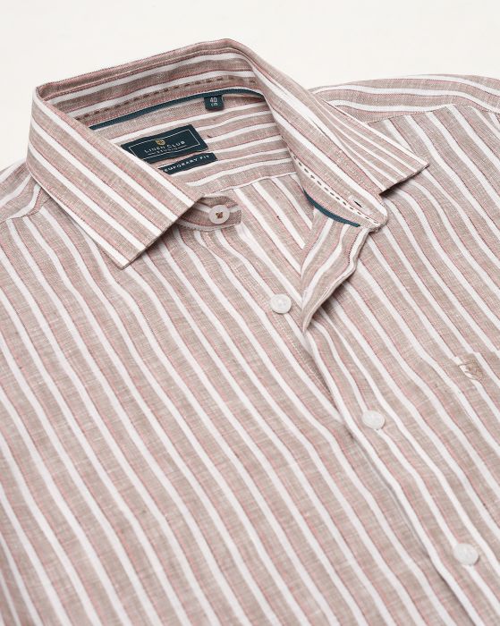 Linen Club Studio Men's Pure Linen Beige Striped Regular Fit Full Sleeve Casual Shirt