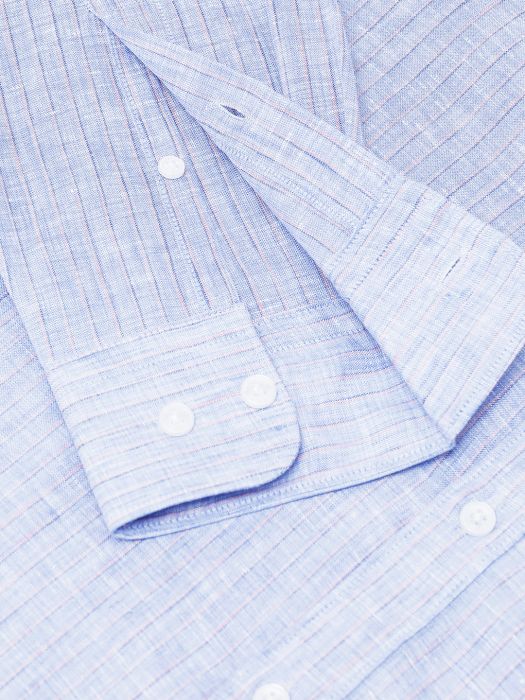 Linen Club Studio Men's Pure Linen Blue Striped Regular Fit Full Sleeve Casual Shirt