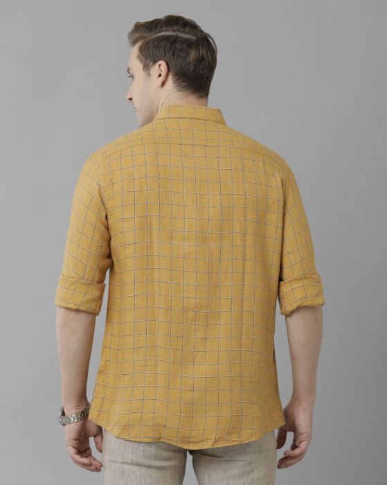 Linen Club Studio Men's Pure Linen Yellow Checks Regular Fit Full Sleeve Casual Shirt