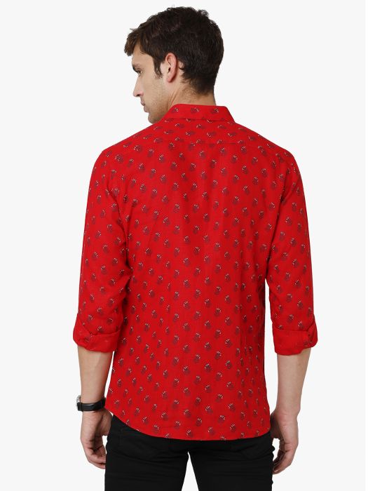 Linen Club Studio Men's Pure Linen Red Printed Regular Fit Full Sleeve Casual Shirt
