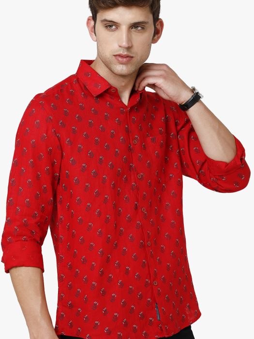 Linen Club Studio Men's Pure Linen Red Printed Regular Fit Full Sleeve Casual Shirt