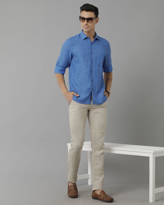 Linen Club Studio Men's Pure Linen Blue Printed Regular Fit Full Sleeve Casual Shirt