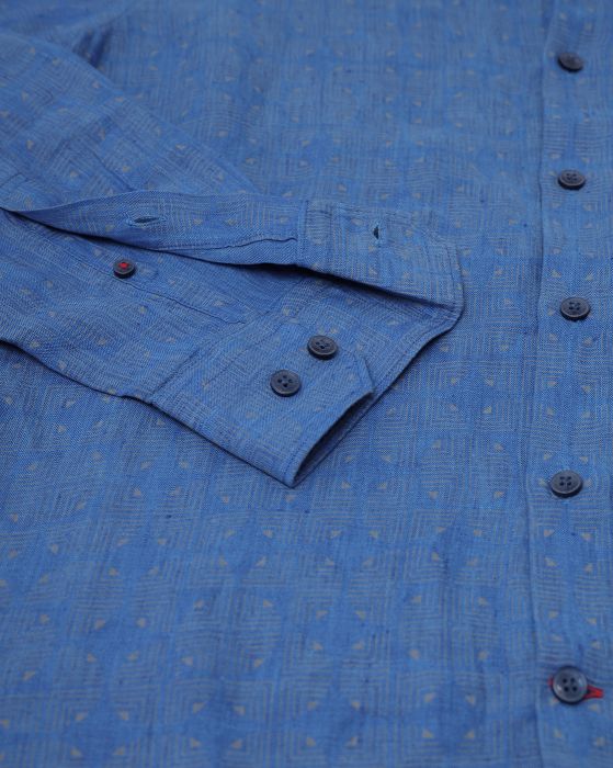 Linen Club Studio Men's Pure Linen Blue Printed Regular Fit Full Sleeve Casual Shirt