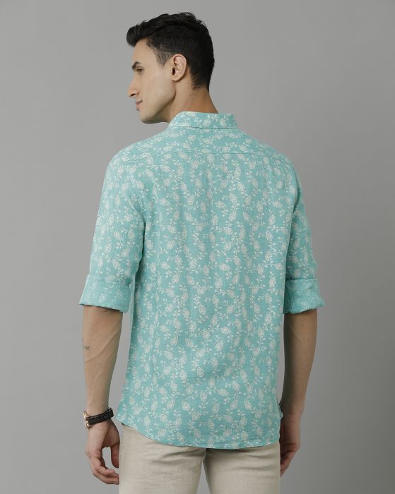 Linen Club Studio Men's Pure Linen Green Printed Regular Fit Full Sleeve Casual Shirt
