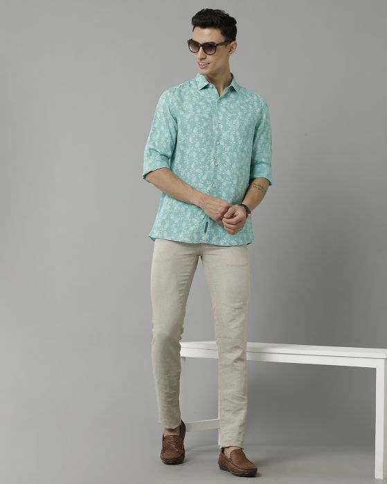 Linen Club Studio Men's Pure Linen Green Printed Regular Fit Full Sleeve Casual Shirt
