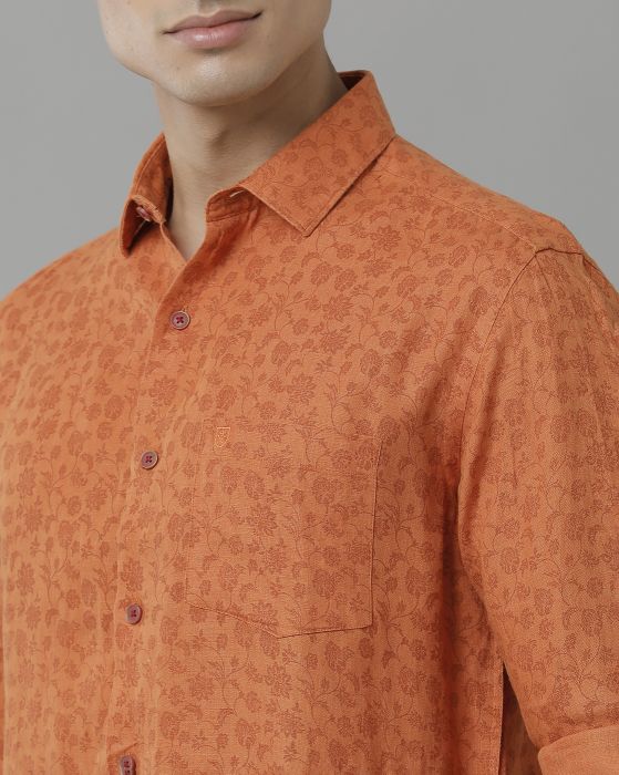 Linen Club Studio Men's Pure Linen ORANGE Printed Regular Fit Full Sleeve Casual Shirt