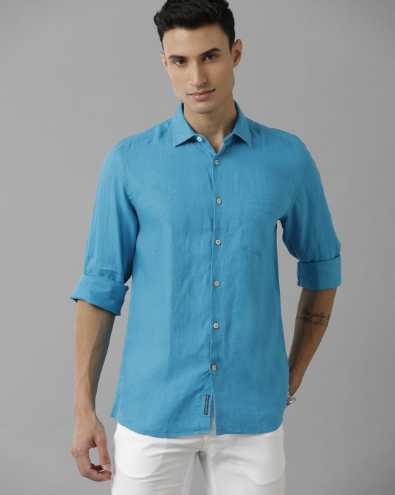 Linen Club Studio Men's Pure Linen Turquoise Blue Solid Regular Fit Full Sleeve Casual Shirt