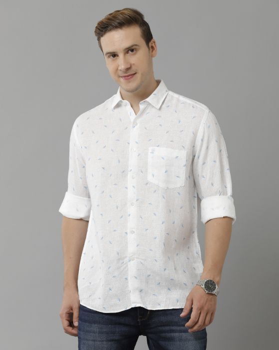 Linen Club Studio Men's Pure Linen White Printed Regular Fit Full Sleeve Casual Shirt