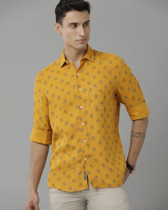 Linen Club Studio Men's Pure Linen Yellow Printed Regular Fit Full Sleeve Casual Shirt
