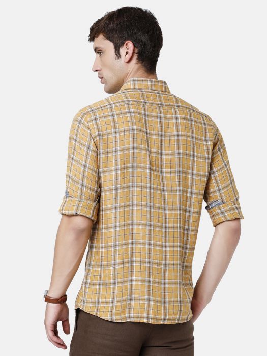 Linen Club Studio Men's Pure Linen Brown Checks Regular Fit Full Sleeve Casual Shirt