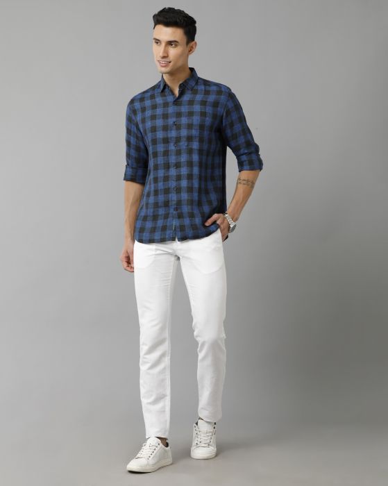 Linen Club Studio Men's Pure Linen Blue Checks Regular Fit Full Sleeve Casual Shirt