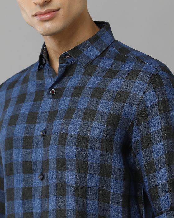 Linen Club Studio Men's Pure Linen Blue Checks Regular Fit Full Sleeve Casual Shirt