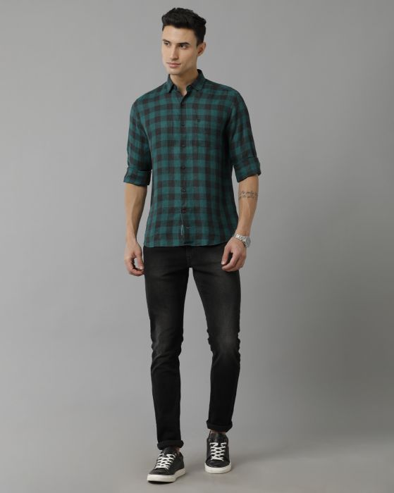 Linen Club Studio Men's Pure Linen Green Checks Regular Fit Full Sleeve Casual Shirt