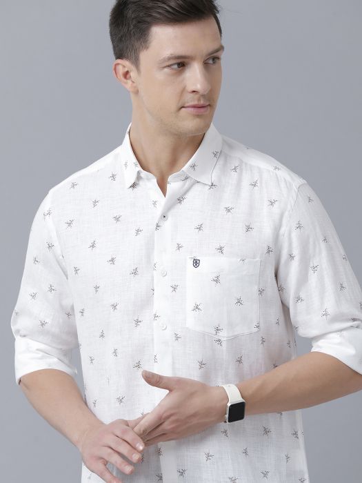 Linen Club Studio Men's Pure Linen White Printed Regular Fit Full Sleeve Casual Shirt