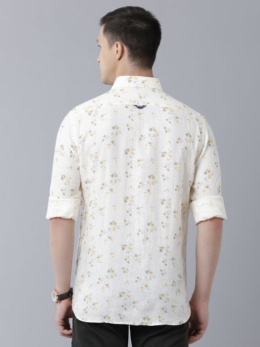 Linen Club Studio Men's Pure Linen Yellow Printed Regular Fit Full Sleeve Casual Shirt