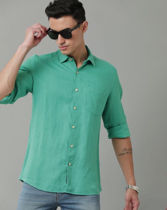 Linen Club Studio Men's Pure Linen Green Solid Regular Fit Full Sleeve Casual Shirt