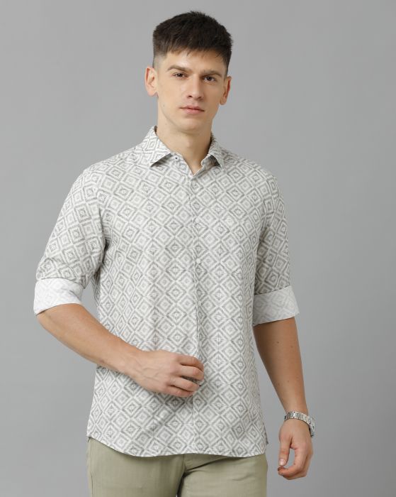 Linen Club Studio Men's Pure Linen Grey Printed Regular Fit Full Sleeve Casual Shirt