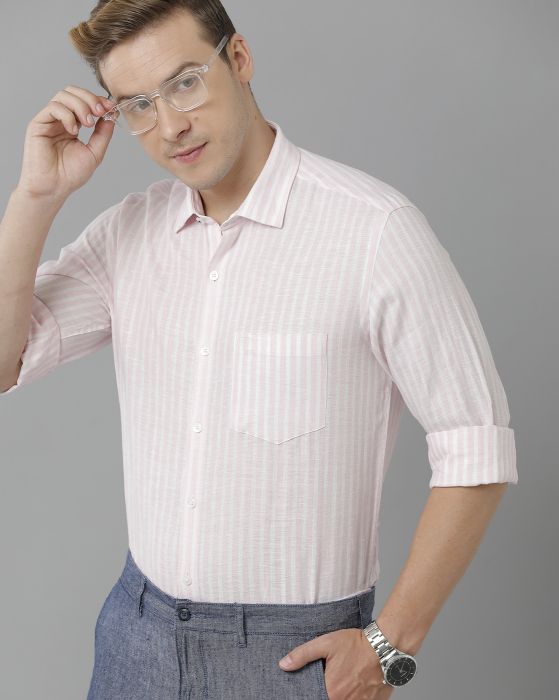 Linen Club Studio Men's Pure Linen Pink Striped Regular Fit Full Sleeve Casual Shirt