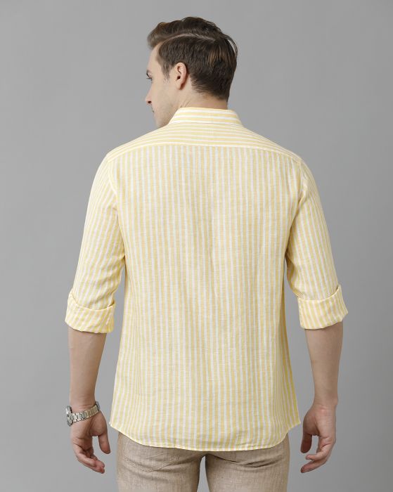 Linen Club Studio Men's Pure Linen Yellow Striped Regular Fit Full Sleeve Casual Shirt