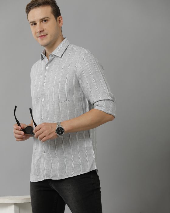 Linen Club Studio Men's Pure Linen Grey Striped Regular Fit Full Sleeve Casual Shirt