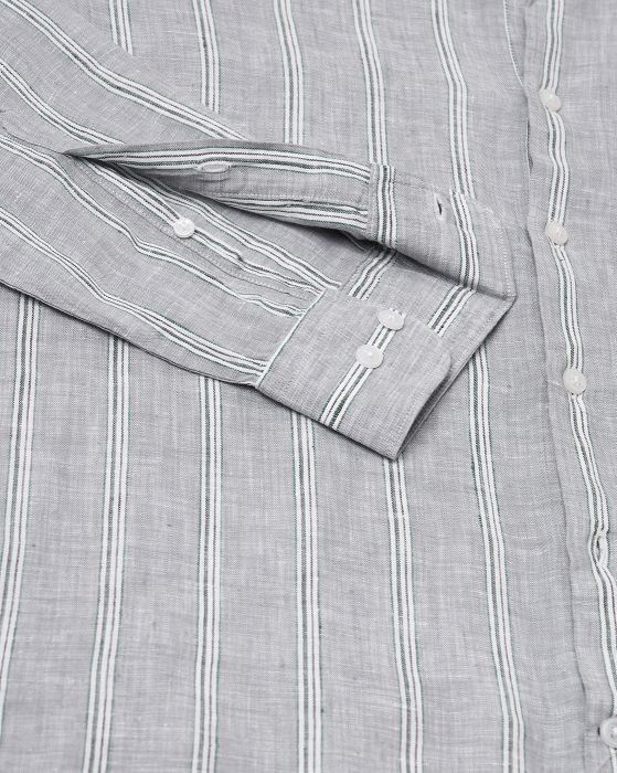 Linen Club Studio Men's Pure Linen Grey Striped Regular Fit Full Sleeve Casual Shirt
