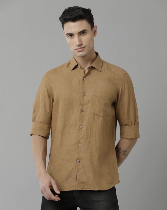 Linen Club Studio Men's Pure Linen Brown Solid Regular Fit Full Sleeve Casual Shirt