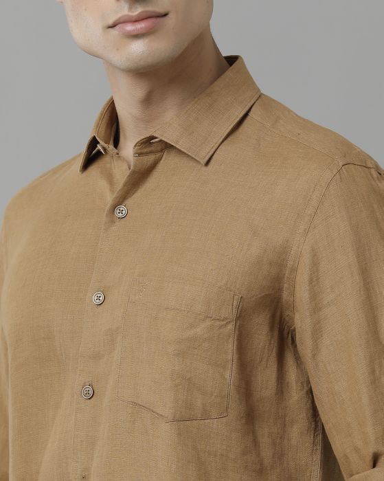 Linen Club Studio Men's Pure Linen Brown Solid Regular Fit Full Sleeve Casual Shirt