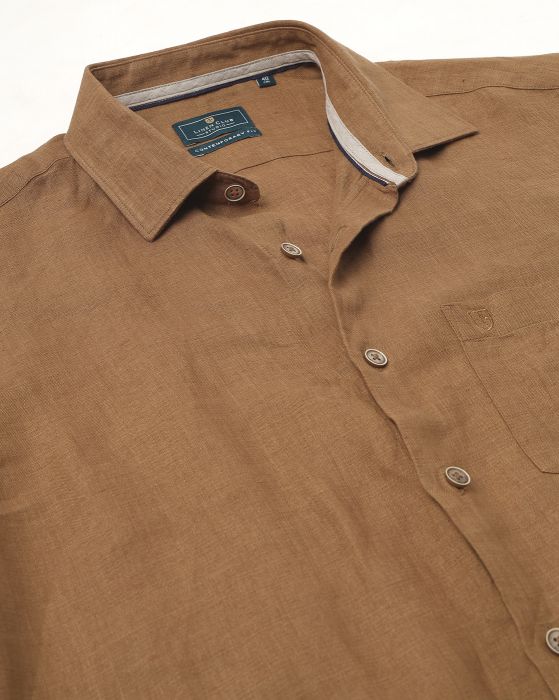 Linen Club Studio Men's Pure Linen Brown Printed Regular Fit Full Sleeve Casual Shirt