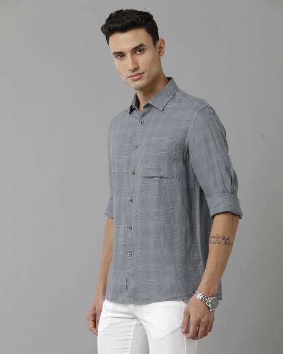 Linen Club Studio Men's Pure Linen Grey Checks Regular Fit Full Sleeve Casual Shirt