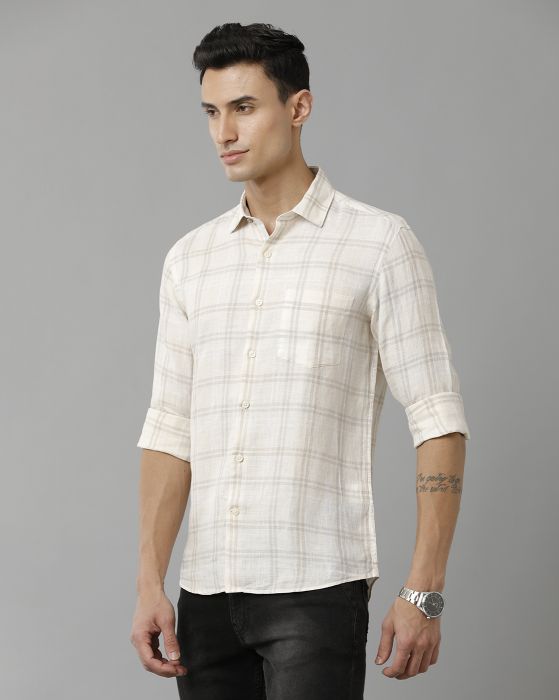 Linen Club Studio Men's Pure Linen Yellow Checks Regular Fit Full Sleeve Casual Shirt