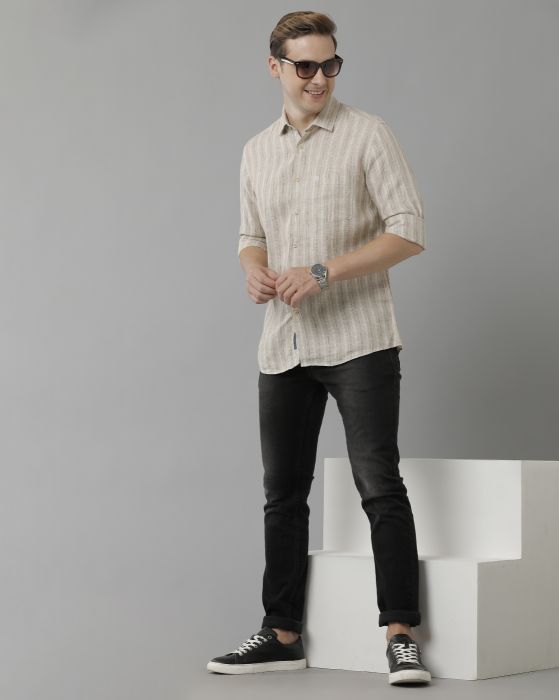 Linen Club Studio Men's Pure Linen Beige Striped Regular Fit Full Sleeve Casual Shirt