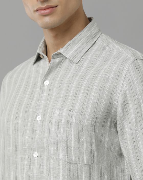 Linen Club Studio Men's Pure Linen Green Striped Regular Fit Full Sleeve Casual Shirt