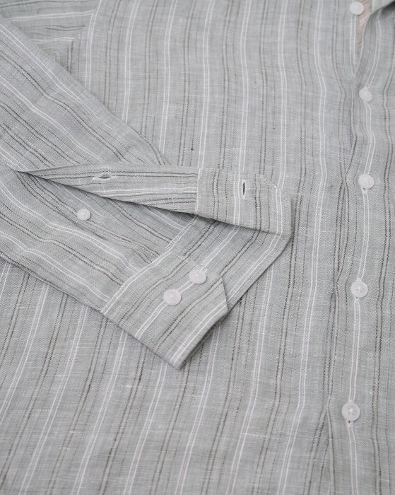 Linen Club Studio Men's Pure Linen Green Striped Regular Fit Full Sleeve Casual Shirt