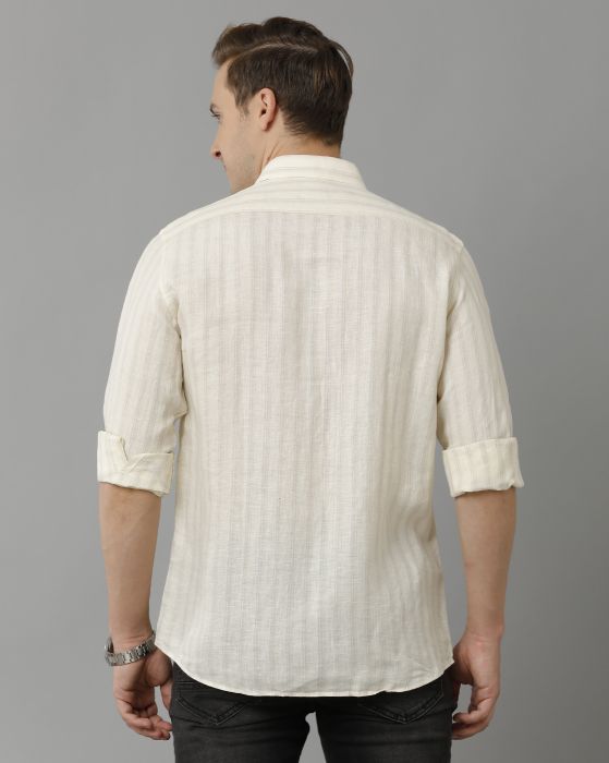 Linen Club Studio Men's Pure Linen Yellow Striped Regular Fit Full Sleeve Casual Shirt