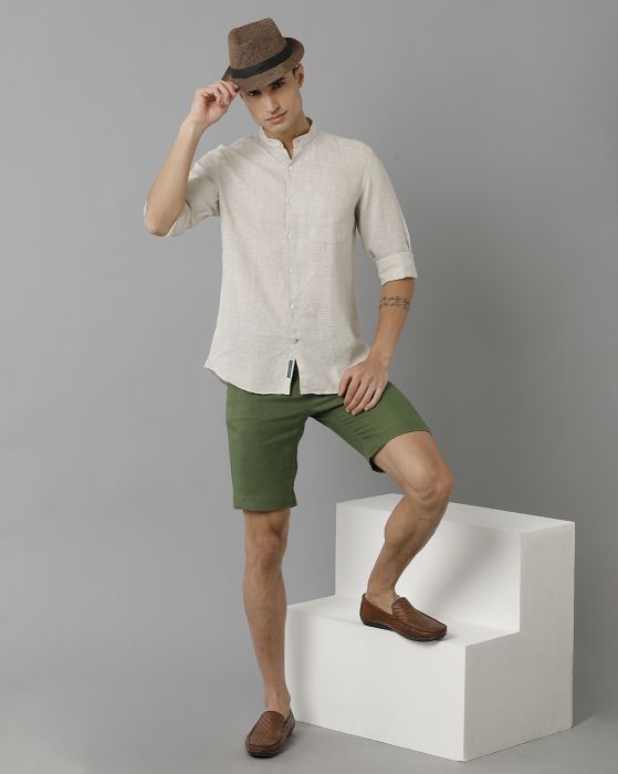 Linen Club Studio Men's Pure Linen Beige Solid Regular Fit Full Sleeve Casual Shirt