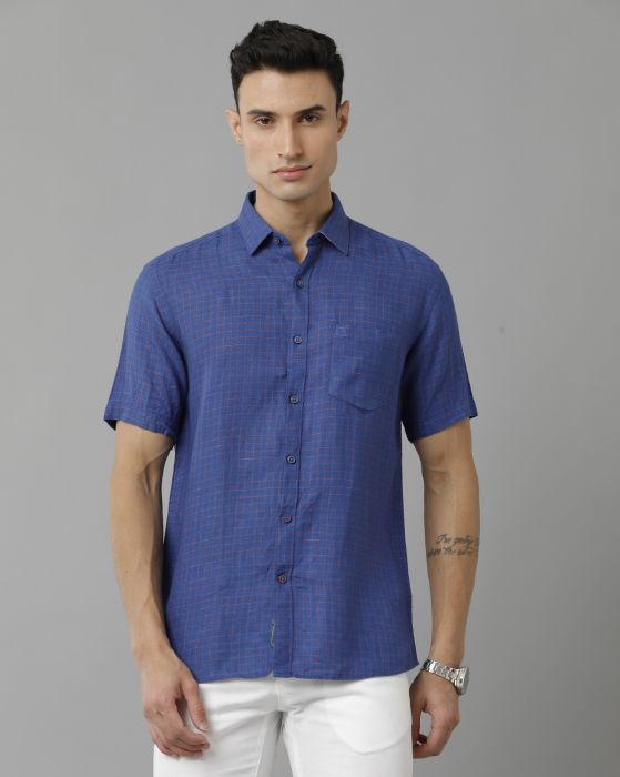 Linen Club Studio Men's Pure Linen Blue Checks Regular Fit Half Sleeve Casual Shirt
